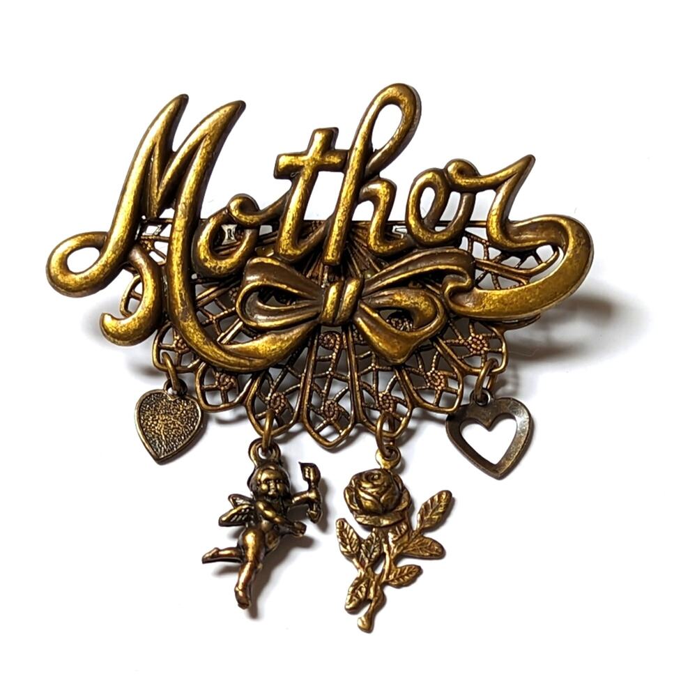 Vintage Antiqued Gold Tone Bronze Filigree Mother Heart Cherub Charm Brooch